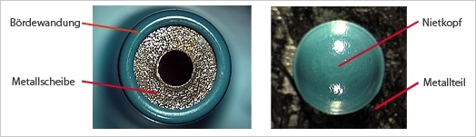 Mikroteil PEEK gebördelt (links, Bördelwandstärke 0,6 mm) und Mikroteil PEEK genietet (rechts, Nietkopf Ø 2 mm) bei 200°C